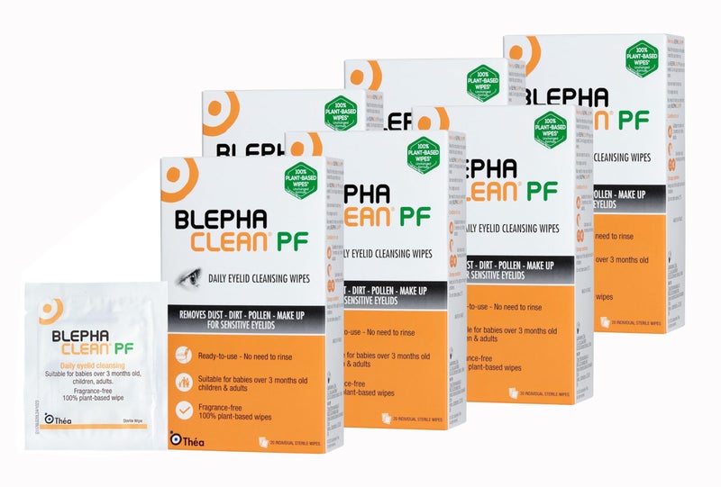 مناديل بليفاكلين PF اليومية لتنظيف الجفون x 120 - تنظيف لطيف للجفون والجلد حول العينين | مناسبة للأطفال (أكثر من 3 أشهر) والأطفال والبالغين | مناديل معقمة خالية من البلاستيك x 6 عبوات